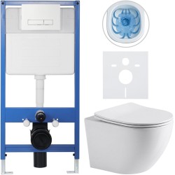 CERANO - Kompletný podomietkový WC set Lite/Cesso - biela lesklá - WC tlačidlo Slim, biele - predstenová inštalácia/sadrokartón - 49x36 (CER-8050BD10)