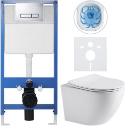 CERANO - Kompletný podomietkový WC set Lite/Cesso - biela lesklá - WC tlačidlo Slim, chróm - predstenová inštalácia/sadrokartón - 49x36 (CER-8050BD11)