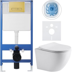 CERANO - Kompletný podomietkový WC set Lite/Cesso - biela lesklá - WC tlačidlo Slim, zlatá - predstenová inštalácia / sadrokartón - 49x36 (CER-367254)