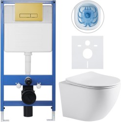 CERANO - Kompletný podomietkový WC set Lite/Cesso - biela matná - WC tlačidlo Slim, zlatá - predstenová inštalácia / sadrokartón - 49x36 (CER-510876)