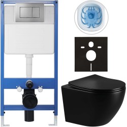 CERANO - Kompletný podomietkový WC set Lite/Cesso - čierna lesklá - WC tlačidlo Classic, tmavo šedá - predstenová inštalácia / sadrokartón - 49x36 (CER-267230)