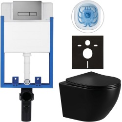 CERANO - Kompletný podomietkový WC set Lite/Cesso - čierna lesklá - WC tlačidlo Slim, tmavo šedá - na zamurovanie - 49x36 (CER-538065)