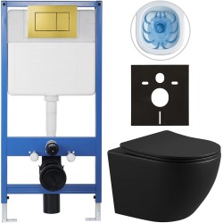CERANO - Kompletný podomietkový WC set Lite/Cesso - čierna matná - WC tlačidlo Classic, zlatá - predstenová inštalácia / sadrokartón - 49x36 (CER-299199)