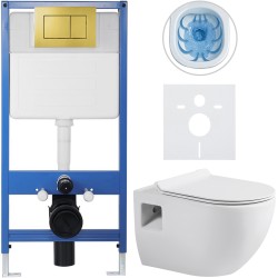 CERANO - Kompletný podomietkový WC set Lite/Dure - biela lesklá - WC tlačidlo Classic, zlatá - predstenová inštalácia / sadrokartón - 51x35 (CER-671477)