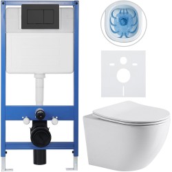 CERANO - Kompletný podomietkový WC set Profi/Cesso - biela lesklá - WC tlačidlo Classic, čierne matné - predstenová inštalácia/sadrokartón - 49x36 (CER-8050BD7)