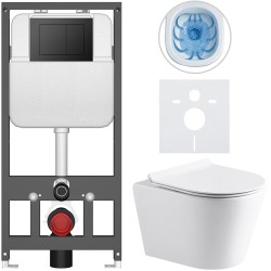 CERANO - Kompletný WC set Basic/Carlito - biela lesklá - WC tlačidlo Maxio/Čierna - závesné - predstenová inštalácia - 48,5x36,5 (CER-8050BD86038)