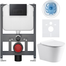 CERANO - Kompletný WC set Basic/Carlito - biela lesklá - WC tlačidlo Modulo/Čierna - závesné - nízky modul - predstenová inštalácia - 48,5x36,5 (CER-8050BD86054)