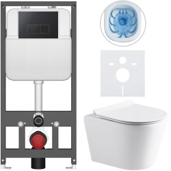 CERANO - Kompletný WC set Basic/Carlito - biela lesklá - WC tlačidlo Modulo/Čierna - závesné - predstenová inštalácia - 48,5x36,5 (CER-8050BD86053)
