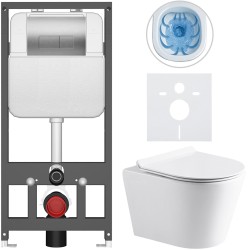 CERANO - Kompletný WC set Basic/Carlito - biela lesklá - WC tlačidlo Modulo/Strieborná - závesné - predstenová inštalácia - 48,5x36,5 (CER-8050BD86058)