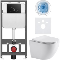 CERANO - Kompletný WC set Basic/Cesso - biela lesklá - WC tlačidlo Dualo/Čierna - závesné - predstenová inštalácia - 49x36 (CER-8050BD85933)