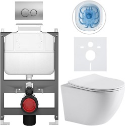CERANO - Kompletný WC set Basic/Cesso - biela lesklá - WC tlačidlo Dualo/Strieborná - ovládanie zhora - predstenová inštalácia - 49x36 (CER-8050BD85935)