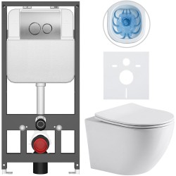 CERANO - Kompletný WC set Basic/Cesso - biela lesklá - WC tlačidlo Dualo/Strieborná - závesné - predstenová inštalácia - 49x36 (CER-8050BD85938)