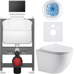 CERANO - Kompletný WC set Basic/Cesso - biela lesklá - WC tlačidlo Maxio/Čierna - ovládanie zhora - predstenová inštalácia - 49x36 (CER-8050BD85945)