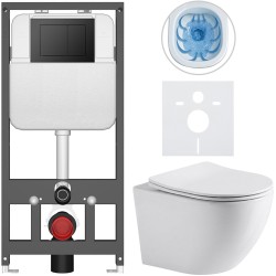 CERANO - Kompletný WC set Basic/Cesso - biela lesklá - WC tlačidlo Maxio/Čierna - závesné - predstenová inštalácia - 49x36 (CER-8050BD85948)