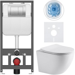 CERANO - Kompletný WC set Basic/Cesso - biela lesklá - WC tlačidlo Maxio/Strieborná - závesné - predstenová inštalácia - 49x36 (CER-8050BD85953)