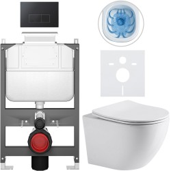 CERANO - Kompletný WC set Basic/Cesso - biela lesklá - WC tlačidlo Modulo/Čierna - ovládanie zhora - predstenová inštalácia - 49x36 (CER-8050BD85960)