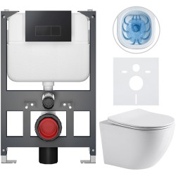 CERANO - Kompletný WC set Basic/Cesso - biela lesklá - WC tlačidlo Modulo/Čierna - závesné - nízky modul - predstenová inštalácia - 49x36 (CER-8050BD85964)