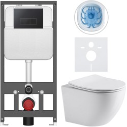 CERANO - Kompletný WC set Basic/Cesso - biela lesklá - WC tlačidlo Modulo/Čierna - závesné - predstenová inštalácia - 49x36 (CER-8050BD85963)