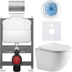 CERANO - Kompletný WC set Basic/Cesso - biela lesklá - WC tlačidlo Modulo/Strieborná - ovládanie zhora - predstenová inštalácia - 49x36 (CER-8050BD85965)