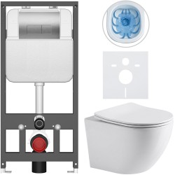 CERANO - Kompletný WC set Basic/Cesso - biela lesklá - WC tlačidlo Modulo/Strieborná - závesné - predstenová inštalácia - 49x36 (CER-8050BD85968)