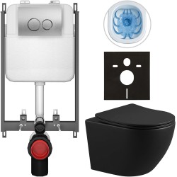 CERANO - Kompletný WC set Basic/Cesso - čierna matná - WC tlačidlo Dualo/Strieborná - na zamurovanie - 49x36 (CER-8050BD86341)