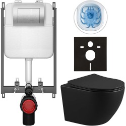 CERANO - Kompletný WC set Basic/Cesso - čierna matná - WC tlačidlo Maxio/Strieborná - na zamurovanie - 49x36 (CER-8050BD86356)