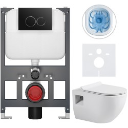 CERANO - Kompletný WC set Basic/Dure - biela lesklá - WC tlačidlo Dualo/Čierna - závesné - nízky modul - predstenová inštalácia - 51x35 (CER-8050BD85919)