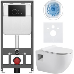 CERANO - Kompletný WC set Basic/Dure - biela lesklá - WC tlačidlo Dualo/Čierna - závesné - predstenová inštalácia - 51x35 (CER-8050BD85892)