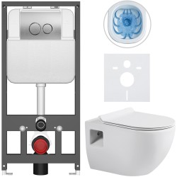 CERANO - Kompletný WC set Basic/Dure - biela lesklá - WC tlačidlo Dualo/Strieborná - závesné - predstenová inštalácia - 51x35 (CER-8050BD85895)