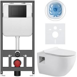 CERANO - Kompletný WC set Basic/Dure - biela lesklá - WC tlačidlo Maxio/Čierna - závesné - predstenová inštalácia - 51x35 (CER-8050BD85893)