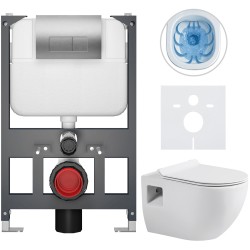CERANO - Kompletný WC set Basic/Dure - biela lesklá - WC tlačidlo Modulo/Strieborná - závesné - nízky modul - predstenová inštalácia - 51x35 (CER-8050BD85924)