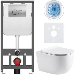 CERANO - Kompletný WC set Basic/Felci - biela lesklá - WC tlačidlo Dualo/Strieborná - závesné - predstenová inštalácia - 53x37 (CER-8050BD86073)