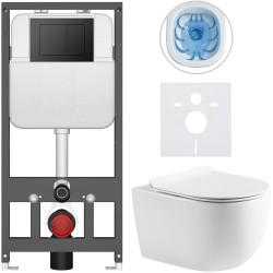 CERANO - Kompletný WC set Basic/Felci - biela lesklá - WC tlačidlo Maxio/Čierna - závesné - predstenová inštalácia - 53x37 (CER-8050BD86083)