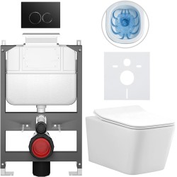 CERANO - Kompletný WC set Basic/Forte - biela lesklá - WC tlačidlo Dualo/Čierna - ovládanie zhora - predstenová inštalácia - 51x36 (CER-8050BD86110)
