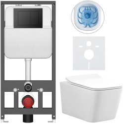 CERANO - Kompletný WC set Basic/Forte - biela lesklá - WC tlačidlo Maxio/Čierna - závesné - predstenová inštalácia - 51x36 (CER-8050BD86128)