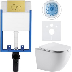 CERANO - Kompletný WC set Profi/Cesso - biela lesklá - WC tlačidlo Duo/Zlatá - na zamurovanie - 49x36 (CER-8050BD84212)