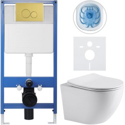 CERANO - Kompletný WC set Profi/Cesso - biela lesklá - WC tlačidlo Duo/Zlatá - predstenová inštalácia - 49x36 (CER-8050BD84213)