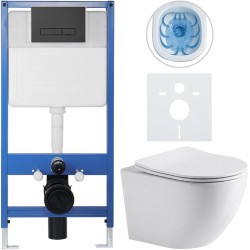 CERANO - Kompletný WC set Profi/Cesso - biela lesklá - WC tlačidlo Slim/Čierna matná - predstenová inštalácia - 49x36 (CER-8050BD9)