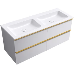 CERANO - Koupelnová skříňka Velora - bílá matná, úchytka zlatá + dvojumyvadlo z lit. mramoru Amati - bílá matná - 161x54,5x46,7  (CER-586152)