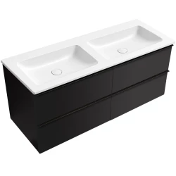 CERANO - Koupelnová skříňka Velora - černá matná, úchytka černá + dvojumyvadlo z lit. mramoru Amati - bílá matná - 121x54,5x46,7  (CER-598843)