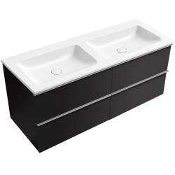CERANO - Koupelnová skříňka Velora - černá matná, úchytka chrom + dvojumyvadlo z lit. mramoru Amati - bílá matná - 121x54,5x46,7  (CER-656346)