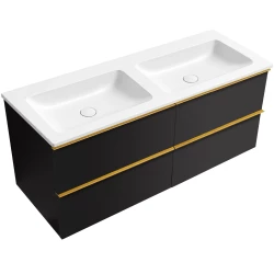 CERANO - Koupelnová skříňka Velora - černá matná, úchytka zlatá + dvojumyvadlo z lit. mramoru Amati - bílá matná - 121x54,5x46,7  (CER-713556)