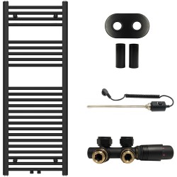 CERANO - Koupelnový radiátorový set Benito - kombinované vytápění, termo tyč - středové připojení 50 mm - 300W - černá matná - 1200x450 mm (CER-232489)