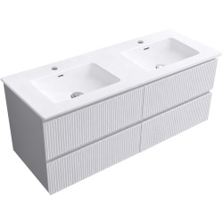 CERANO - Kúpeľňová skrinka Carole - biela matná ryhovaná + keramické dvojumývadlo Novo - biela lesklá - 121x49,5x46,5 (CER-720317)