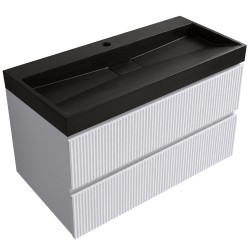 CERANO - Kúpeľňová skrinka Carole - biela matná ryhovaná + umývadlo z lit. mramoru Vita - čierna matná - s otvorom - 100x58x46 (CER-374898)