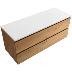 CERANO - Kúpeľňová skrinka Carole - dub medový + doska pod umývadlo z lit. mramoru Elanys - 12 mm - biela matná - 140x49,2x46 (CER-8050BD85520)
