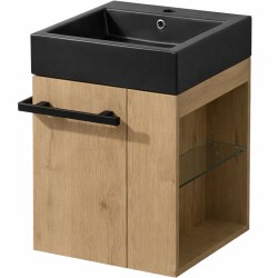 CERANO - Kúpeľňová skrinka Esme - dub medový + umývadlo z lit. mramoru - čierna matná - 45x62,5x45 (CER-999991)