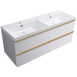 CERANO - Kúpeľňová skrinka Velora - biela matná, úchytka zlatá - keramické dvojumývadlo Viano - 121,5x67,5x46,5 (CER-447415)