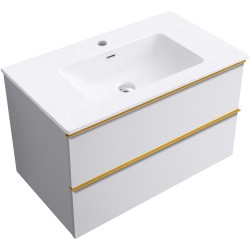 CERANO - Kúpeľňová skrinka Velora - biela matná, úchytka zlatá + keramické umývadlo Novo - biela lesklá - 81x54,5x46,5 (CER-979886)