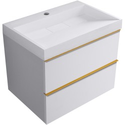 CERANO - Kúpeľňová skrinka Velora - biela matná, úchytka zlatá + umývadlo z lit. mramoru s otvorom Vita - biela lesklá - 70x63x46,5 (CER-8050BD83875)